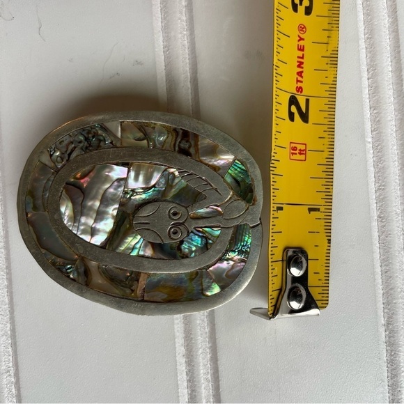 Vintage Alabone Shell Silver Large Belt Buckle Owl Bird Inlaid 1940s Mexico - Picture 8 of 9